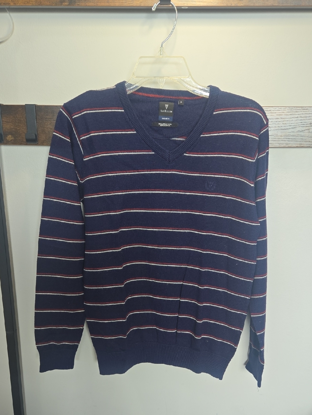 Van Heusen Navy V-Neck Sweater with White and Red Stripes